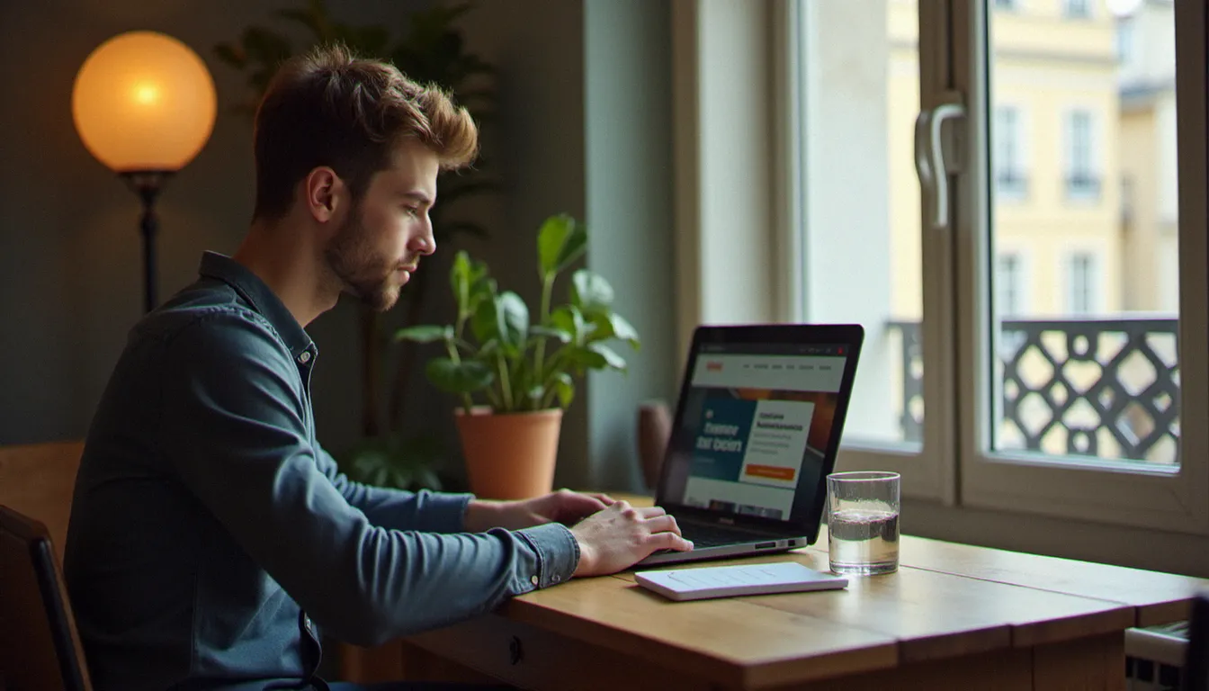 Homme consultant des sites de codes promo et de parrainage sur son ordinateur portable dans un appartement parisien