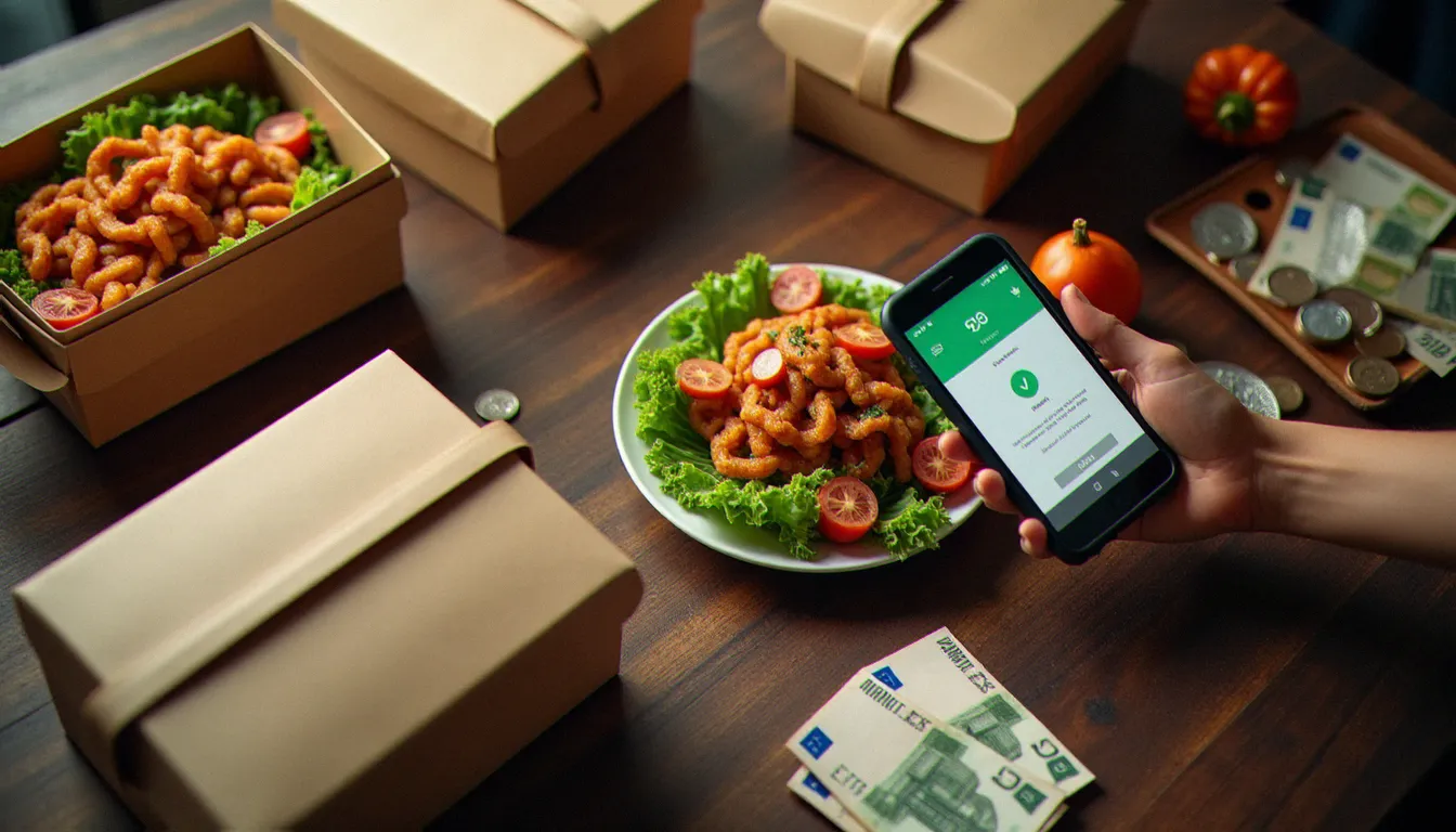 Vue de dessus d'une table avec des plats livrés et un smartphone affichant une confirmation de paiement avec économies réalisées grâce à un code promo