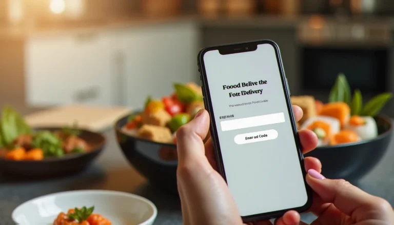 Smartphone affichant un champ de saisie de code promo Deliveroo avec des plats de restaurant en arrière-plan