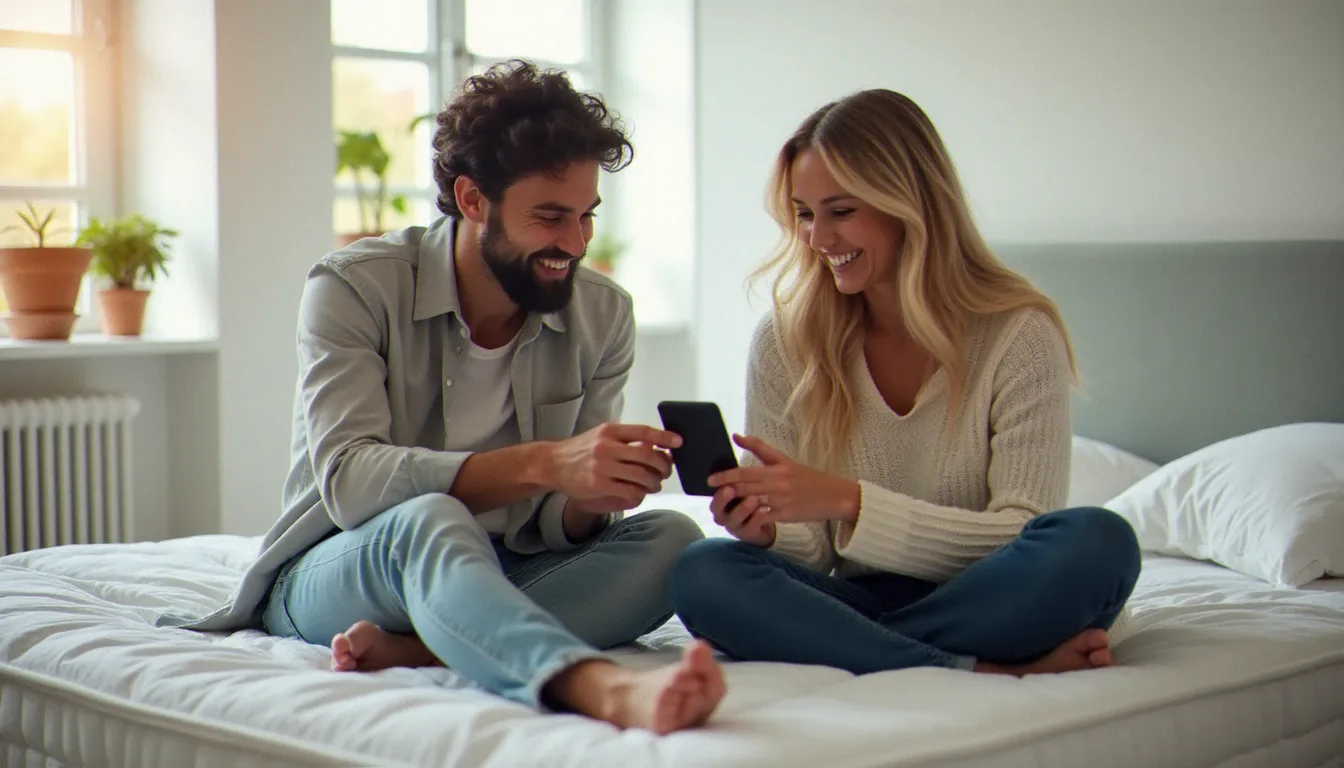 Deux amis assis sur un matelas blanc dans une chambre lumineuse, partageant un lien de parrainage Emma sur smartphone pour économiser ensemble