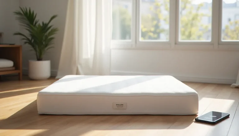 Matelas en boîte Emma livré dans un appartement parisien moderne, avec une notification de code promo visible sur un smartphone posé à côté