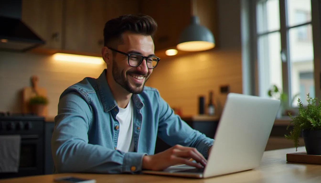 Homme consultant un site de parrainage sur son ordinateur pour trouver un code promo Emma Matelas valide