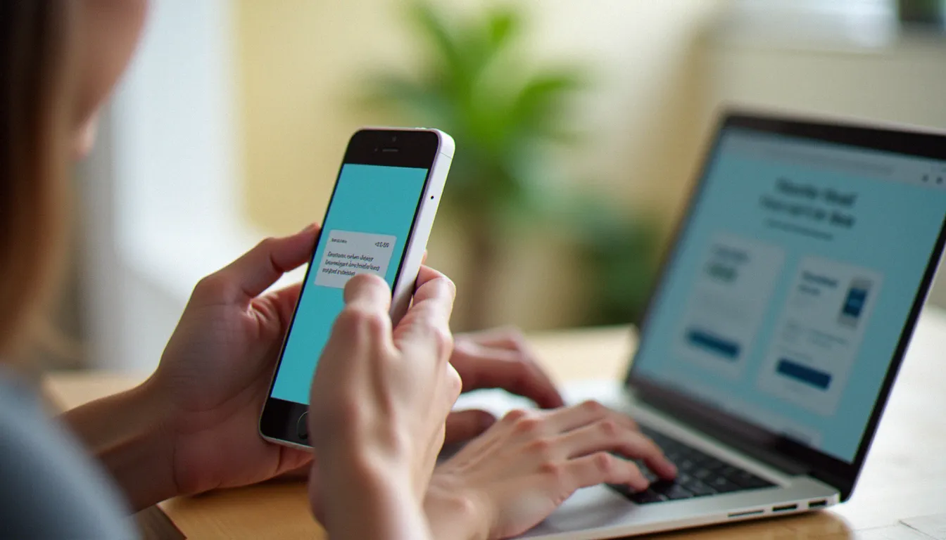 Des mains utilisant un smartphone et un ordinateur portable pour rechercher un code promo JOW valide sur un site de comparaison d'offres de parrainage
