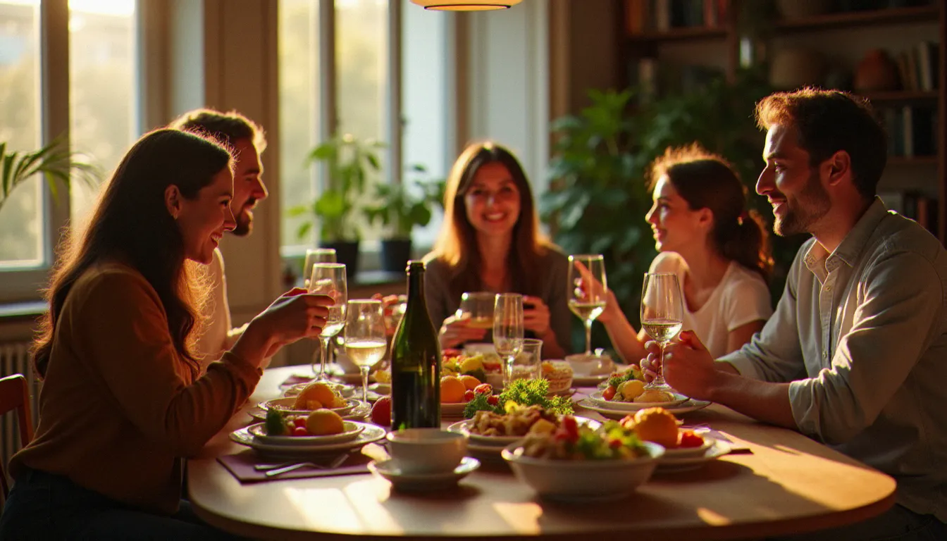 Une famille française réunie autour d'une table bien dressée pour partager un repas maison savoureux, illustration des bénéfices concrets du parrainage JOW pour cuisiner mieux tout en dépensant moins