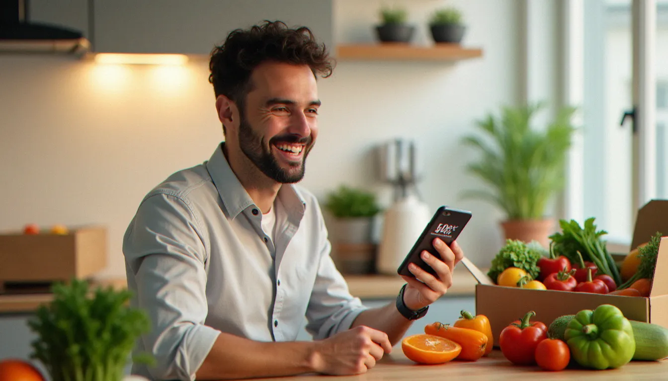 Un homme souriant dans une cuisine parisienne moderne consulte un code promo JOW sur son smartphone, entouré d'ingrédients frais et d'une boîte de kit repas ouverte sur le comptoir