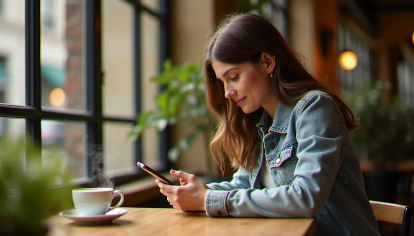 Jeune femme cherchant un code promo Kalista sur son smartphone dans un café parisien