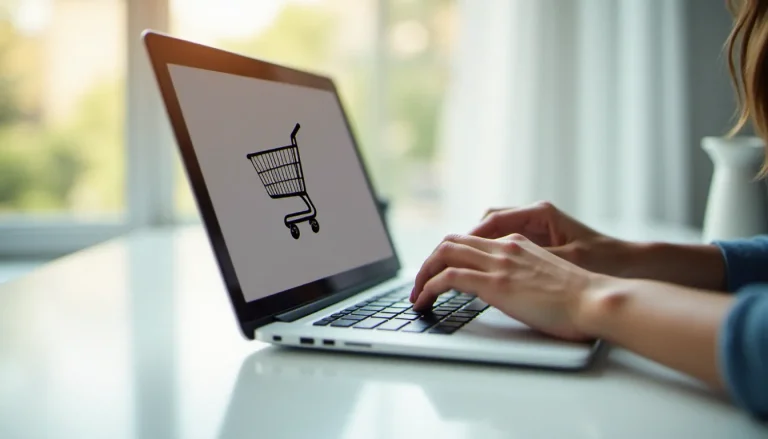 Femme saisissant un code promo Kalista sur un ordinateur portable lors d'une session de shopping en ligne