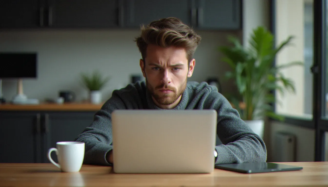 Utilisateur sceptique face aux faux codes promo trouvés sur des sites tiers, assis devant son ordinateur