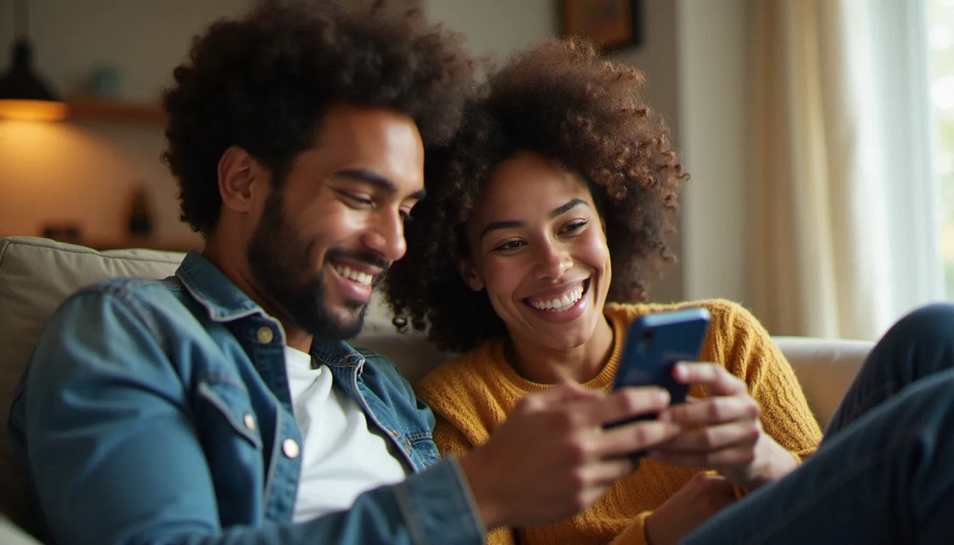Deux amis partageant un lien de parrainage sur smartphone, alternative rentable aux codes promo introuvables