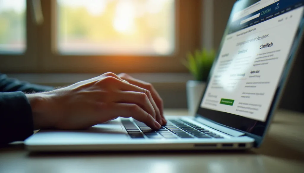 Personne cherchant un code promo Le Bon Coin sur un ordinateur portable, interface de site d'annonces visible à l'écran