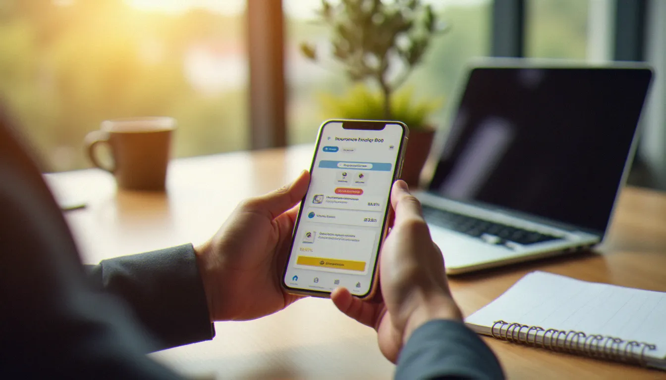 Personne utilisant un smartphone pour comparer des offres d'assurance auto avec un code promo L'Olivier Assurance, à un bureau moderne