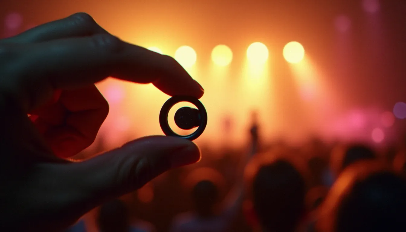 Main tenant un bouchon Loop Earplug avec foule de concert floue en arrière-plan illustrant l'utilisation d'un code promo pour économiser