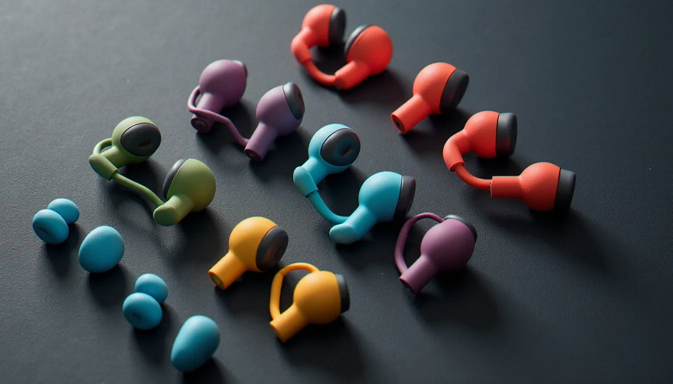 Différents modèles de bouchons Loop Earplug en plusieurs couleurs disposés en vue de dessus, représentant les options disponibles avec code promo