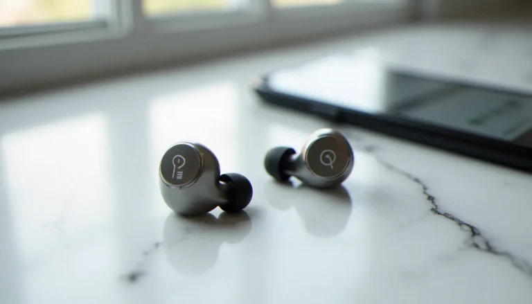 Bouchons d'oreilles Loop Experience Pro posés sur marbre blanc avec smartphone affichant un champ code promo Loop Earplug