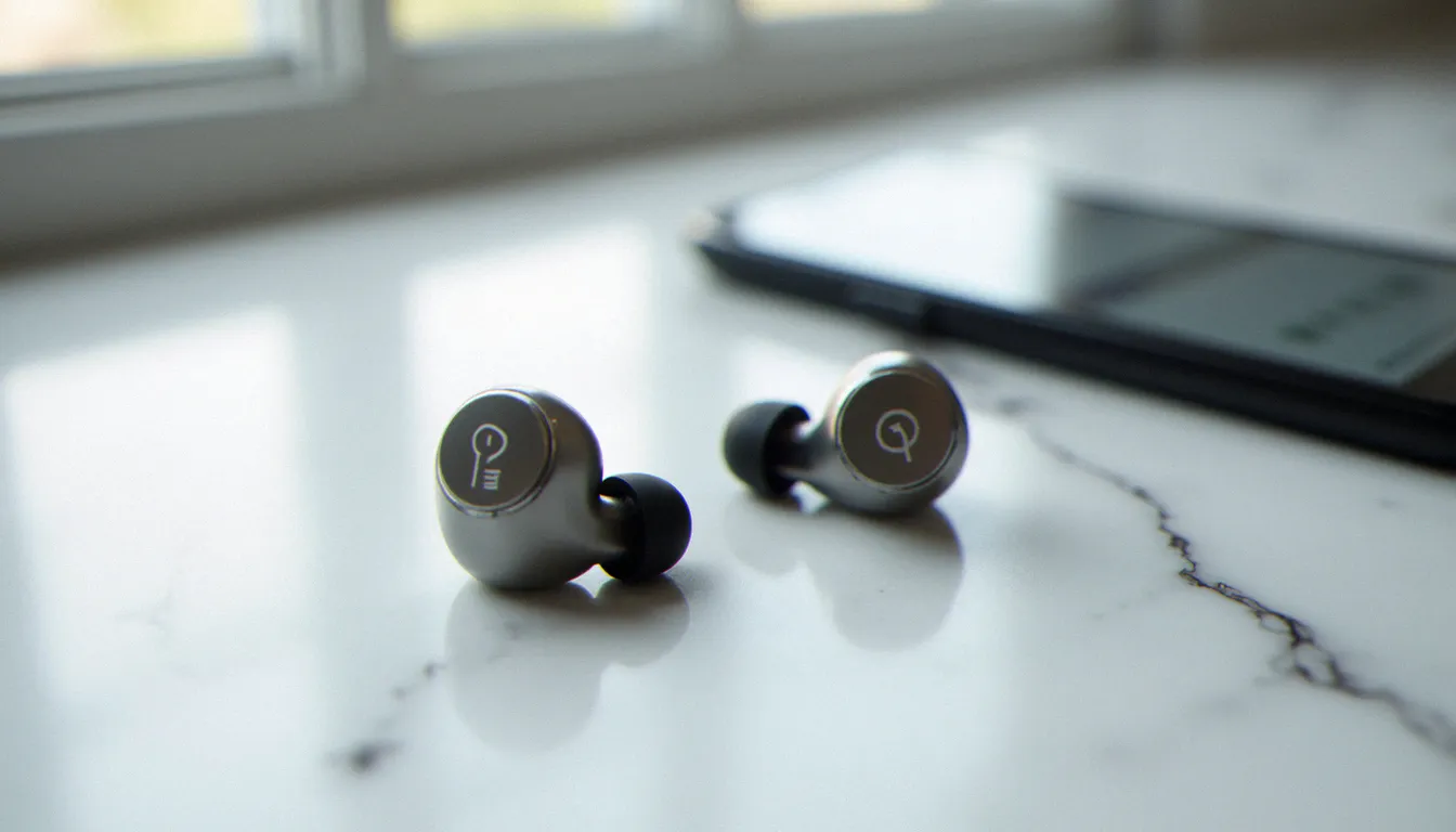 Bouchons d'oreilles Loop Experience Pro posés sur marbre blanc avec smartphone affichant un champ code promo Loop Earplug