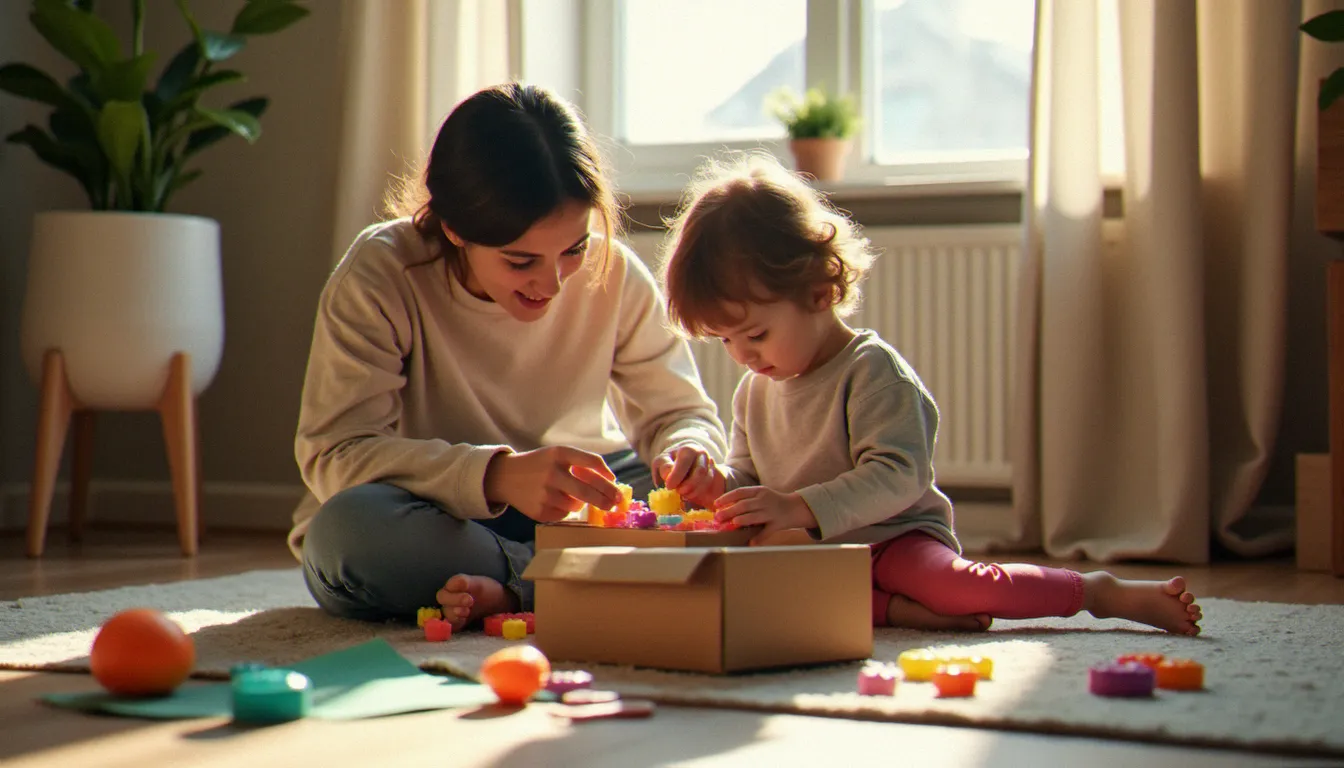 Un parent et un enfant assis par terre dans un salon, en train de réaliser ensemble un projet créatif issu d'une box d'activités, entourés de matériel coloré dans une lumière chaleureuse