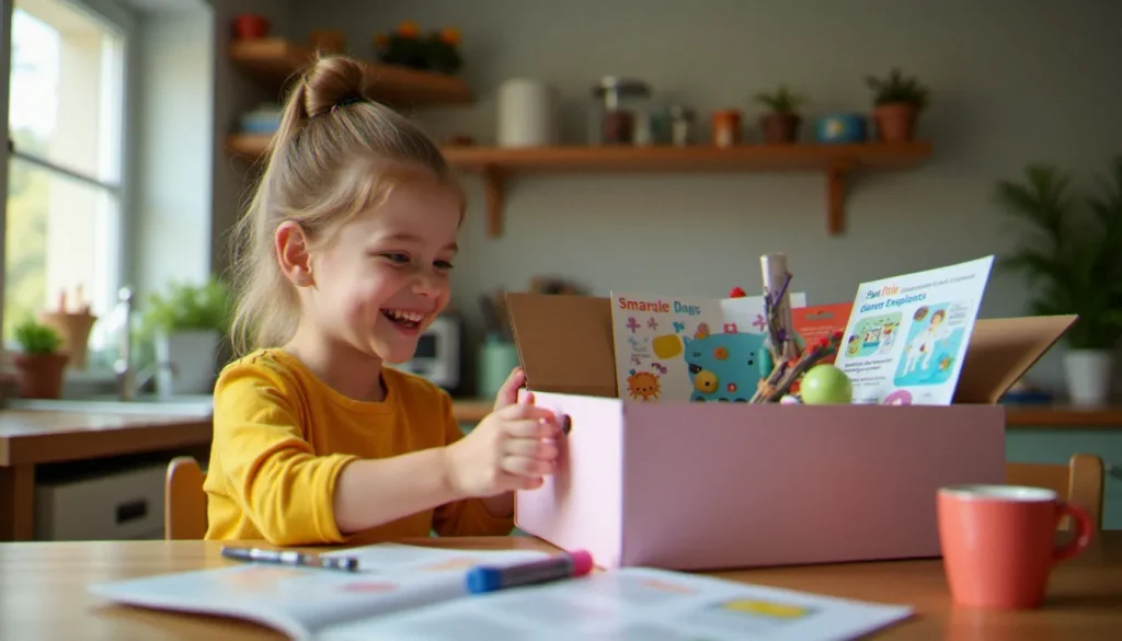 Un enfant souriant qui ouvre une box créative Pandacraft contenant du matériel d'activités et un magazine illustré, posée sur une table en bois dans une cuisine lumineuse