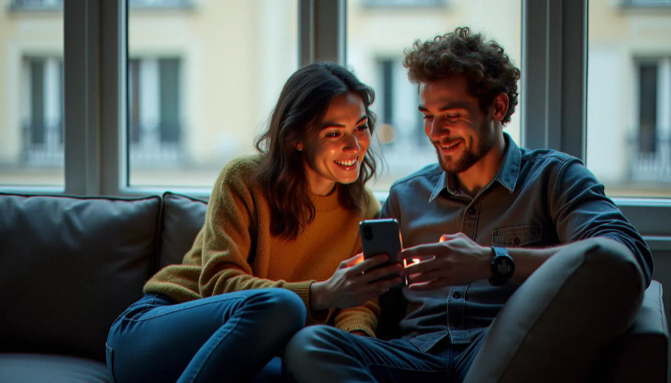 Deux amis partageant un lien de parrainage Red by SFR sur smartphone dans un appartement moderne à Paris