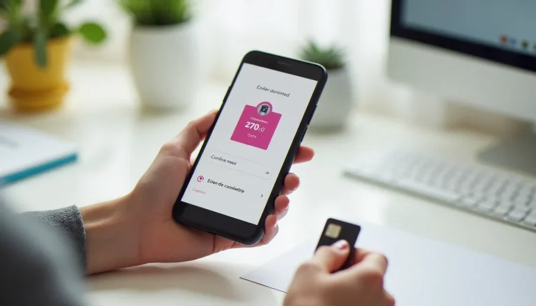 Une main tenant un smartphone affichant une confirmation d'abonnement mobile avec une carte SIM et un code promo Red by SFR sur un bureau blanc