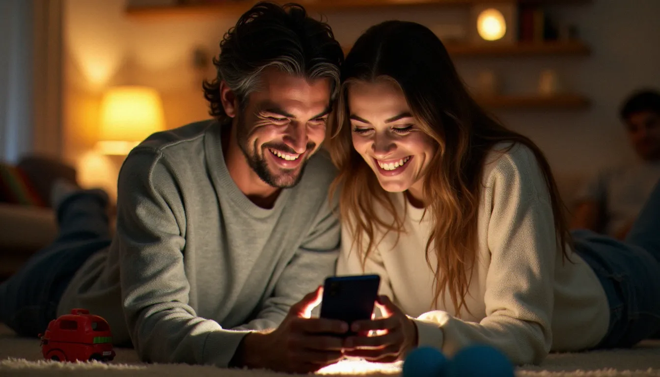 Deux parents partageant un code de parrainage Tonies sur smartphone dans leur salon, avec des jouets d'enfants visibles en arrière-plan