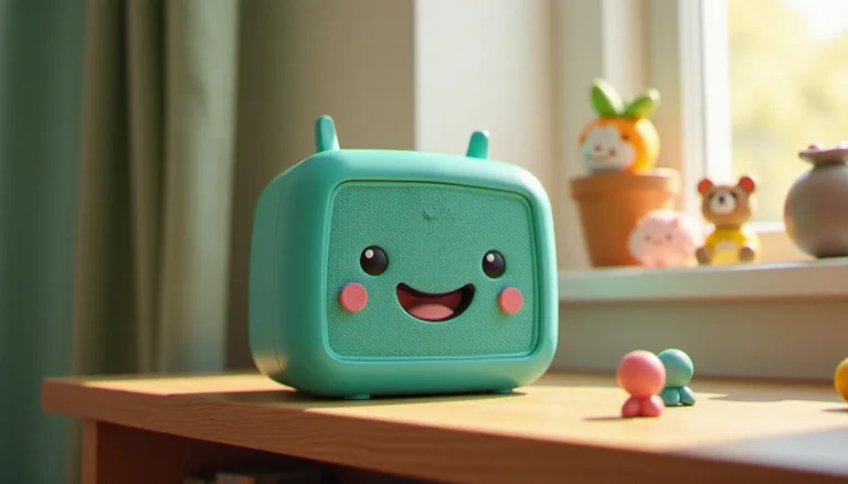 Une Toniebox colorée posée sur une étagère d'enfant entourée de figurines Tonies, illustrant l'univers du code promo Tonies