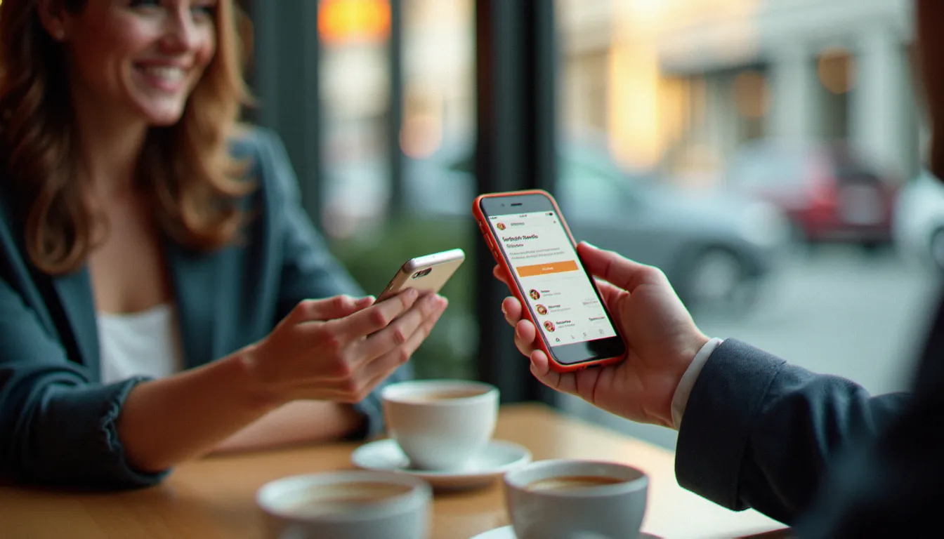 Deux amis partageant un lien de parrainage Deliveroo sur un smartphone dans un café parisien, illustrant le fonctionnement concret du programme de recommandation