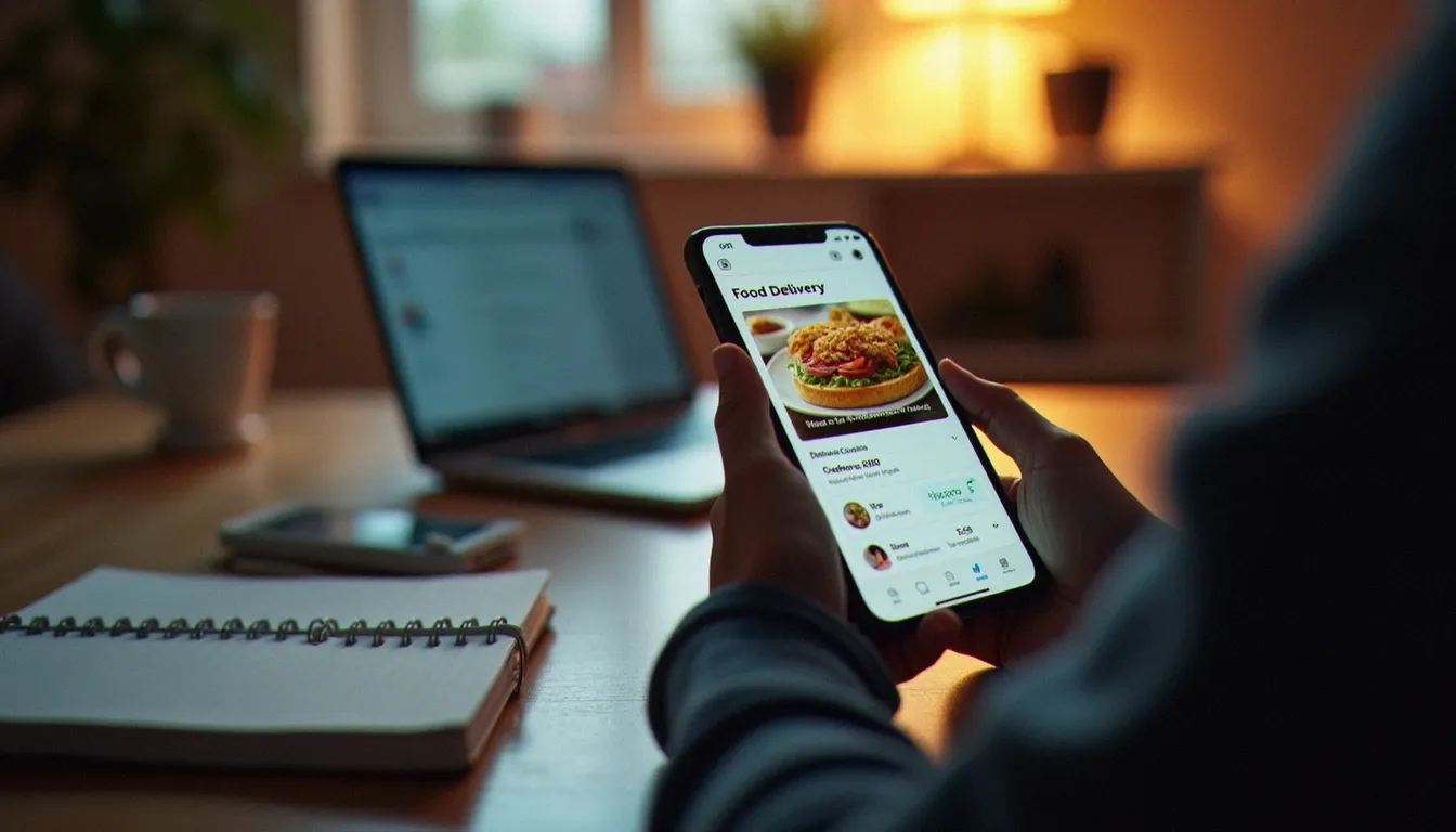 Une personne consultant ses crédits de parrainage Deliveroo sur l'application mobile depuis son bureau, illustrant les stratégies pour maximiser les récompenses