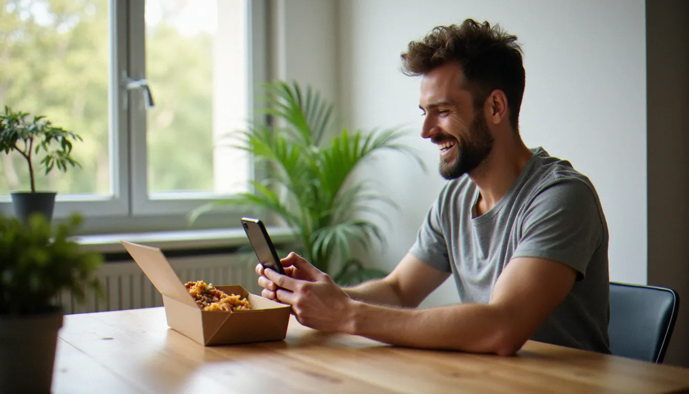 Un homme consultant le programme de deliveroo parrainage sur son smartphone dans un appartement parisien lumineux, avec une commande de livraison de repas posée sur le bureau