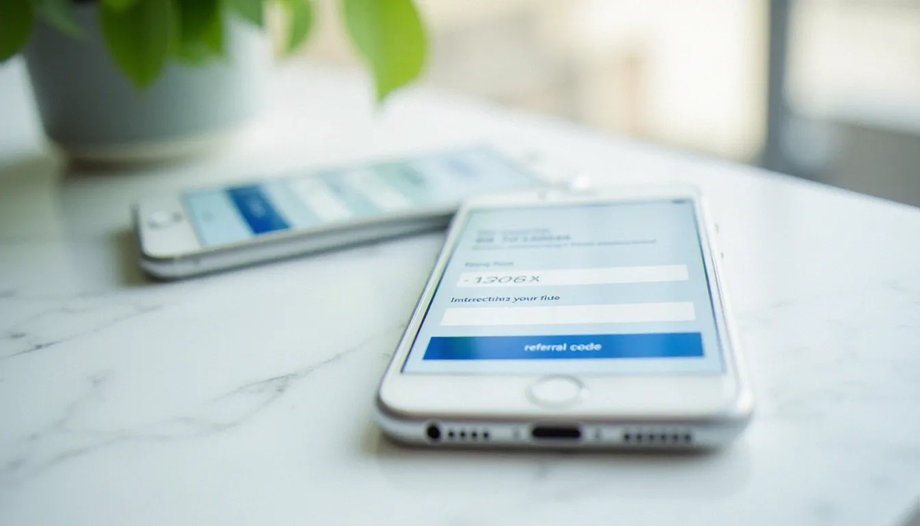 Deux smartphones affichant l'écran de saisie d'un code parrainage lors de l'inscription sur une application fintech de gestion de patrimoine