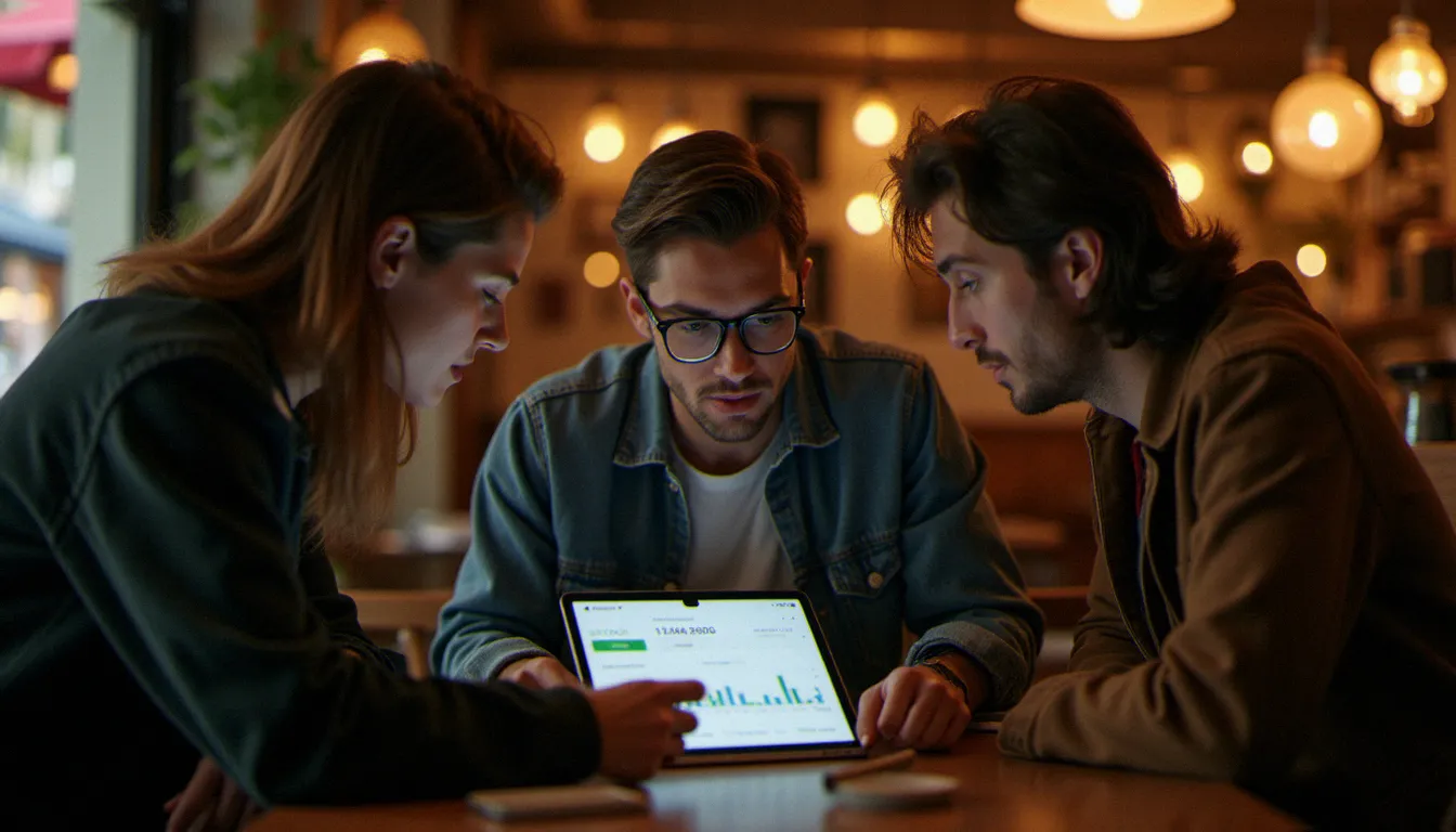 Trois jeunes adultes dans un café parisien comparant des applications fintech et partageant des codes de parrainage pour optimiser leur gestion de patrimoine