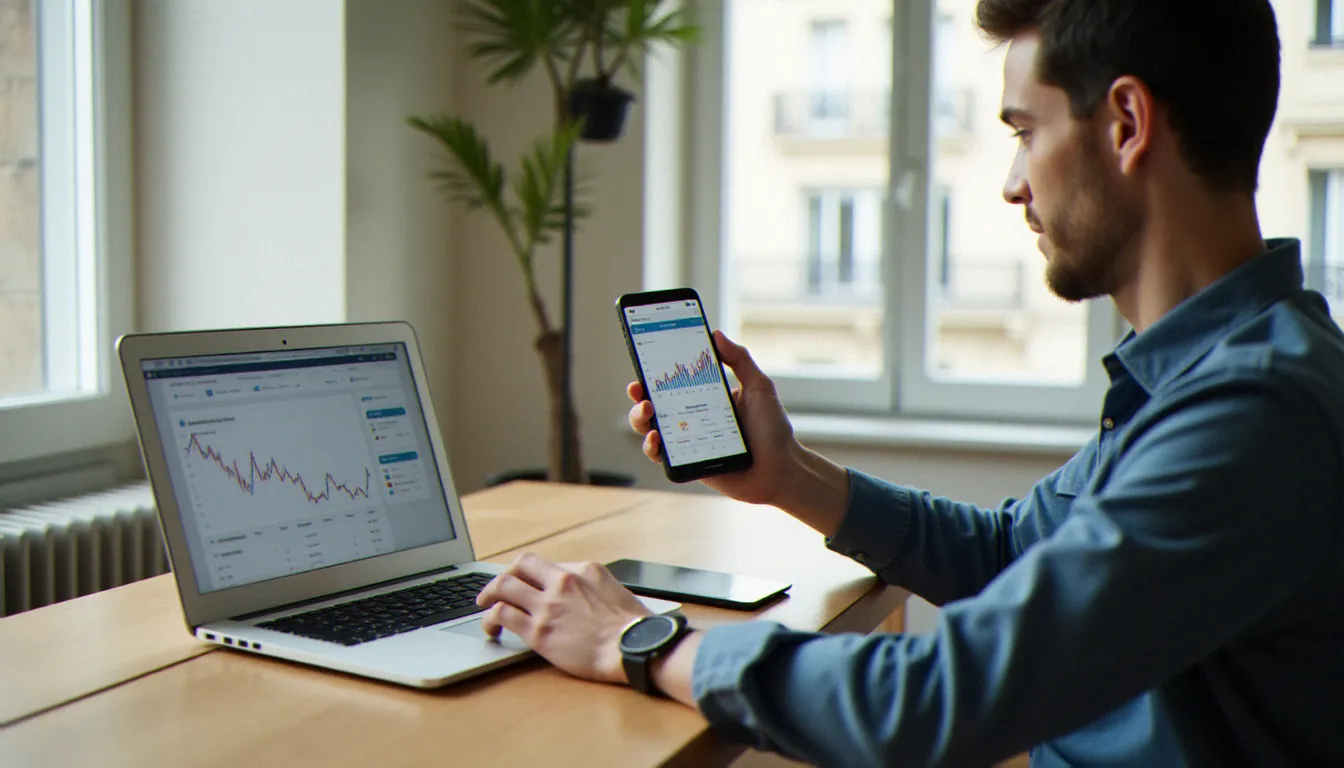 Un consultant parisien utilisant une application de gestion de patrimoine sur smartphone pour activer un finary code parrainage et suivre son portefeuille financier