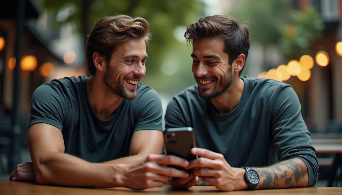 Deux amis sportifs comparant des offres de parrainage nutrition sportive sur smartphone dans un café parisien