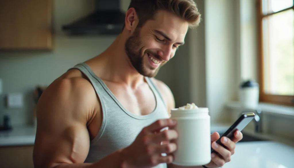 Un sportif consulte un code parrainage myprotein sur son téléphone avant de commander sa nutrition sportive