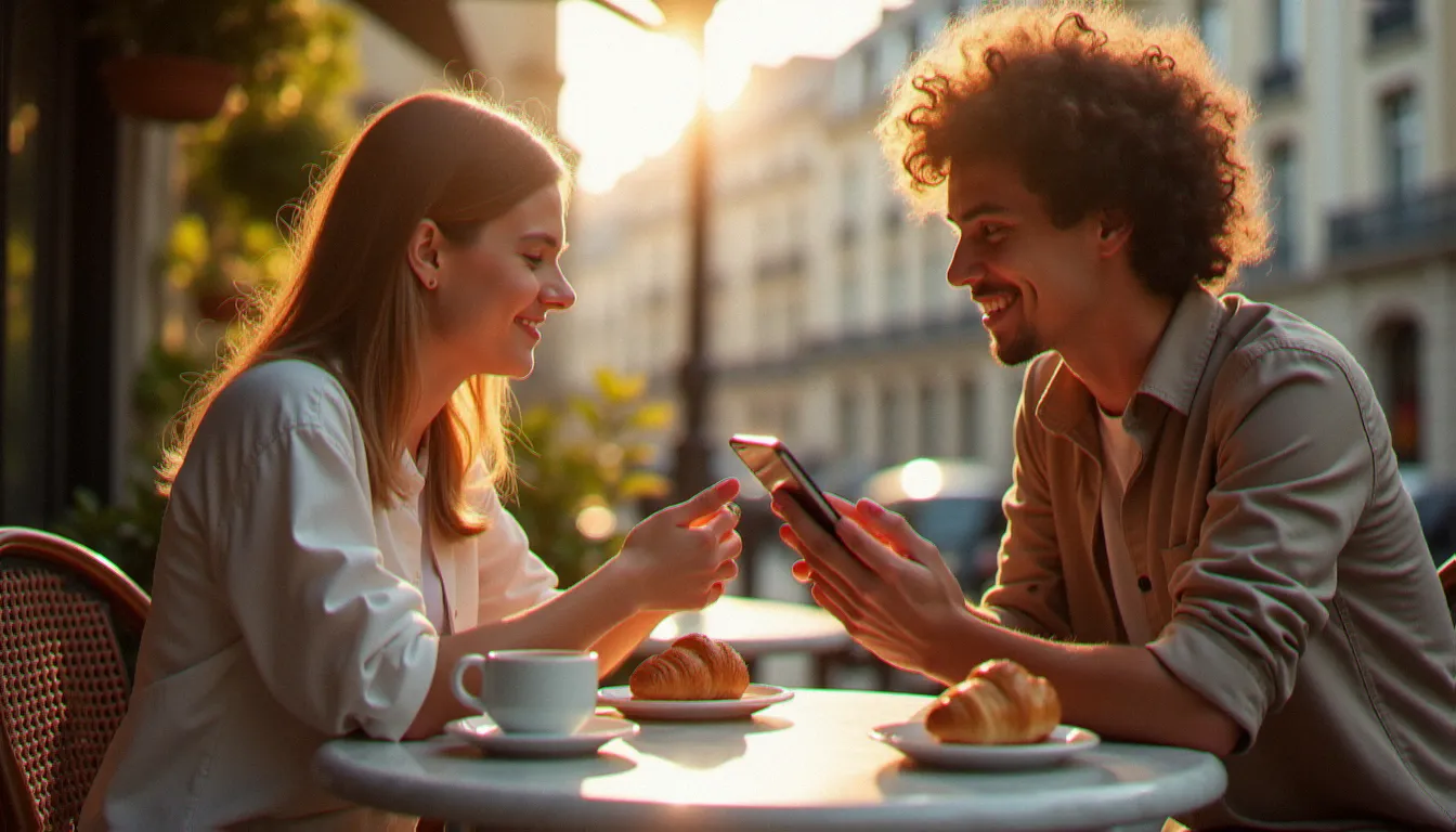 Deux amis à une terrasse de café parisien, l'un montrant un lien de parrainage bancaire sur son smartphone à l'autre intéressé