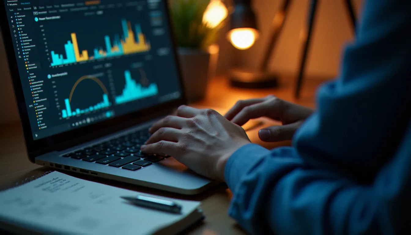 Vue de dessus d'une personne gérant plusieurs comptes bancaires sur ordinateur portable pour optimiser sa stratégie de parrainage banque le soir