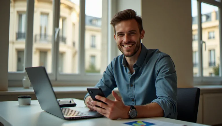 Un consultant parisien souriant découvre sa prime de parrainage banque sur son smartphone, installé à son bureau moderne avec vue sur Paris