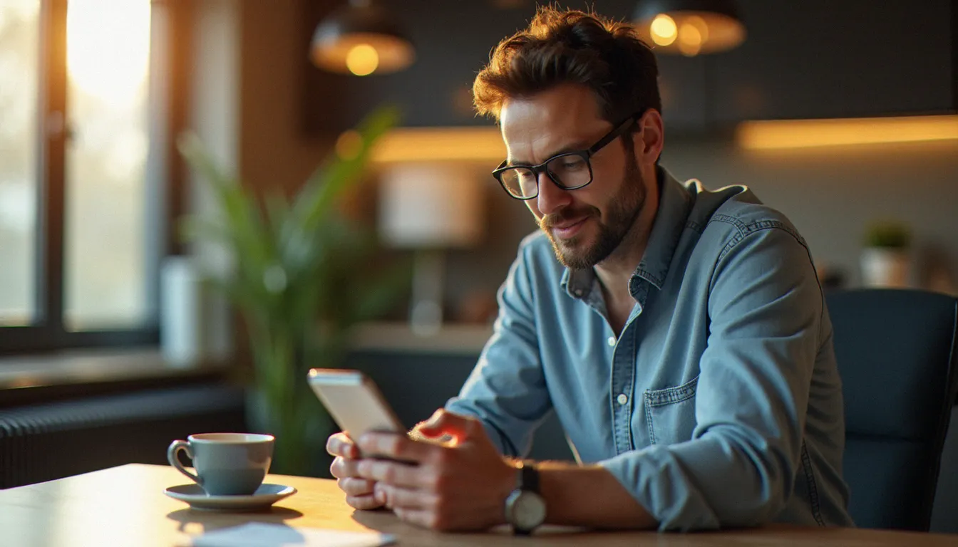 Homme consultant son téléphone pour vérifier la confirmation de son parrainage cashback avant de contacter le support