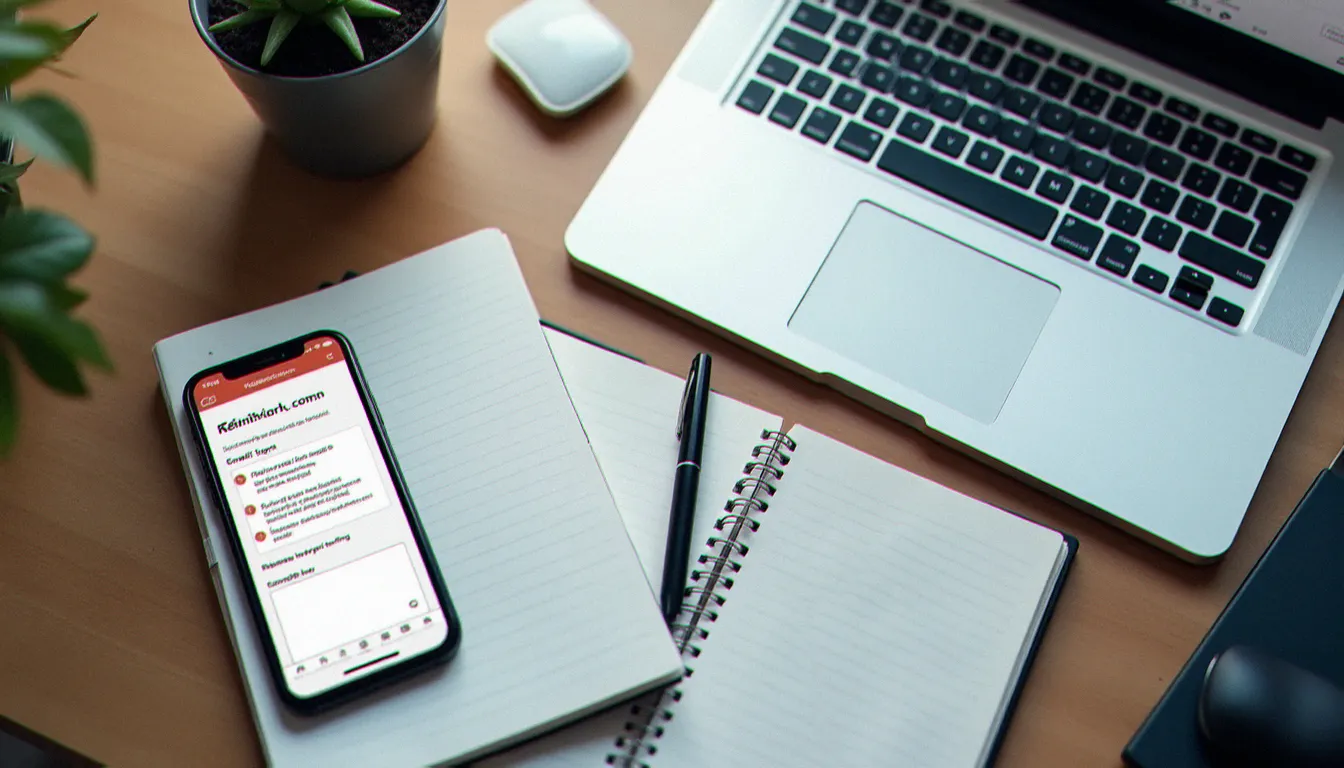 Bureau organisé avec checklist, smartphone et ordinateur prêts pour envoyer un contact support sur un parrainage cashback