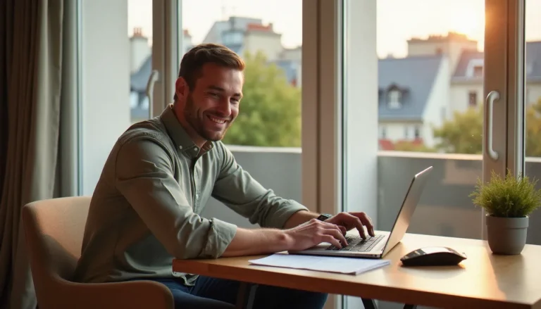 Un homme souriant consulte ses factures d'électricité EDF sur un ordinateur portable, illustrant les économies réalisées grâce au parrainage EDF