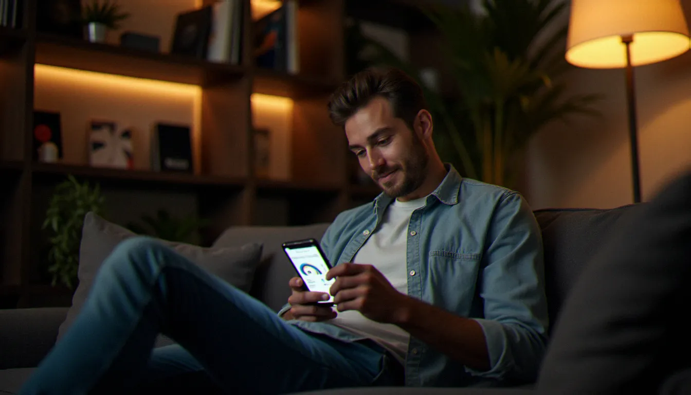 Un homme consultant ses gains de parrainage musique sur smartphone dans son appartement parisien, avec une collection de vinyles visible en arrière-plan