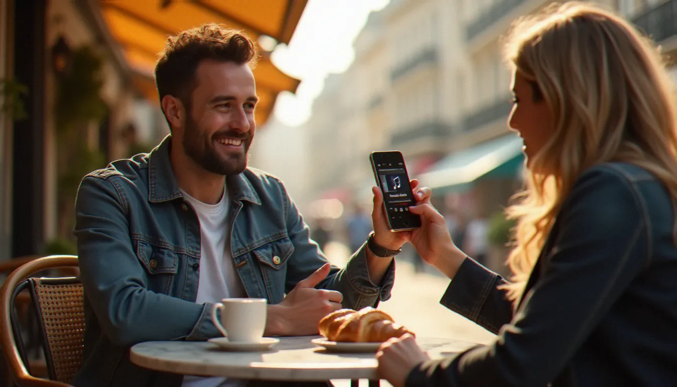 Un homme partageant son lien de parrainage musique avec un ami autour d'un café à Paris, illustrant le concept de parrainage musique entre proches