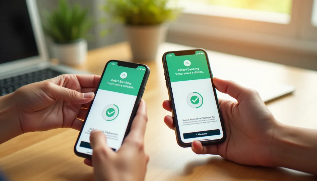 Deux amis vérifiant la confirmation de prime reçue sur leurs smartphones après un parrainage Revolut validé avec succès