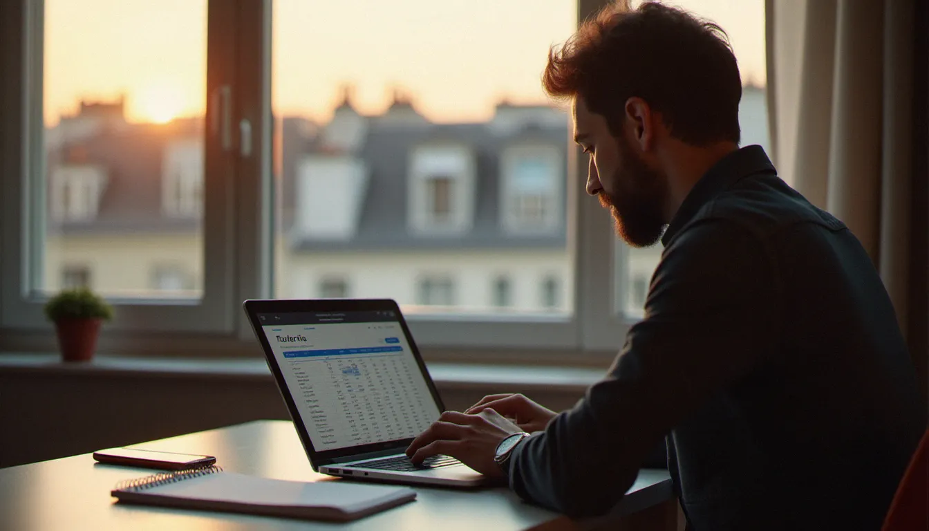 Consultant en marketing digital suivant ses statistiques de revolut parrainage sur ordinateur portable depuis son bureau parisien en soirée