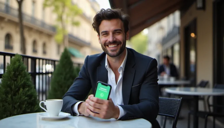 Homme consultant son programme de revolut parrainage sur smartphone depuis une terrasse de café parisienne ensoleillée