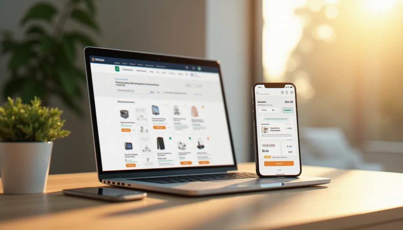 Comparaison de prix et interface cashback affichées sur ordinateur et smartphone côte à côte, illustrant les avantages combinés de Youprice pour les achats en ligne