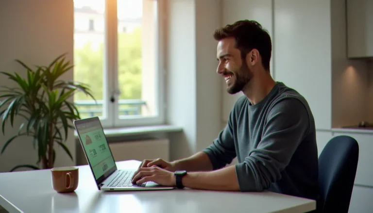Homme consultant son tableau de bord de gains cashback lié à un youprice code parrainage sur ordinateur portable dans un appartement parisien lumineux