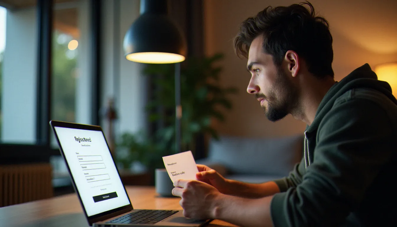 Homme en train de saisir un code de parrainage sur un formulaire d'inscription en ligne, illustrant les étapes pour activer un code de parrainage