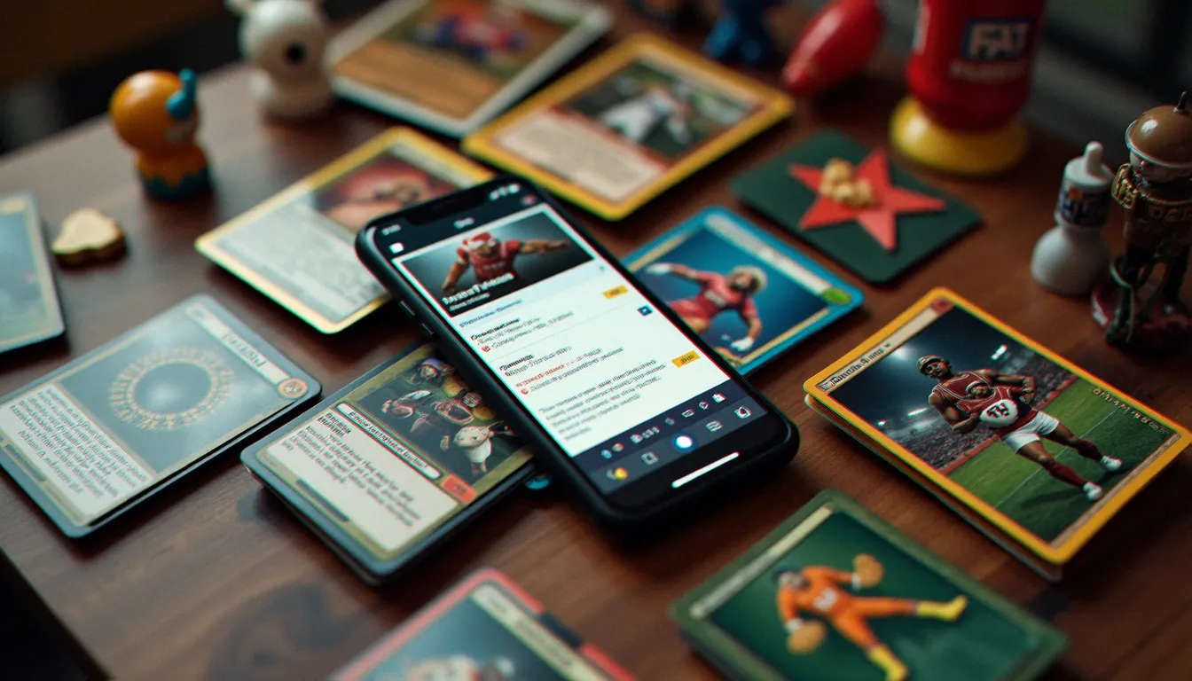 Collection de cartes à collectionner et figurines disposées sur une table avec un smartphone montrant une interface de live shopping, illustrant l'univers des collectibles sur Voggt