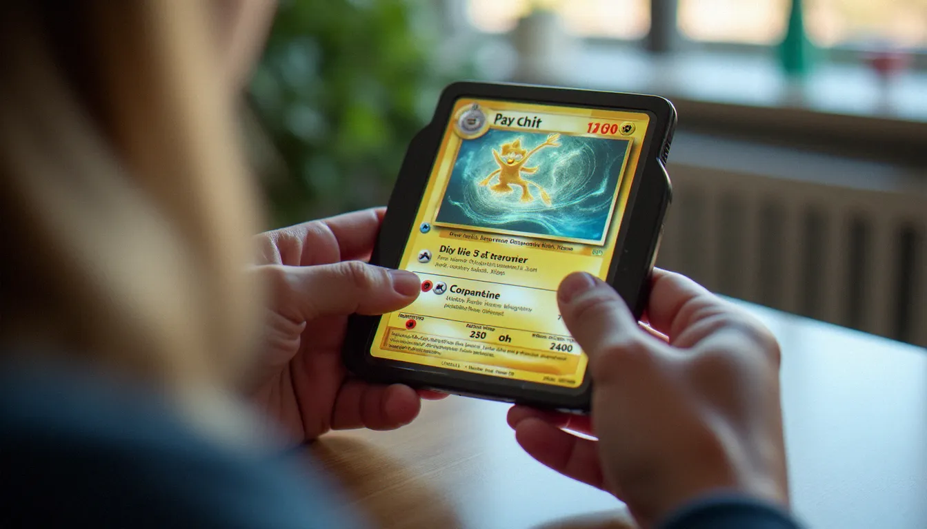 Mains tenant une carte Pokémon holographique devant un smartphone affichant une plateforme de live shopping, illustrant l'univers du code de parrainage Voggt