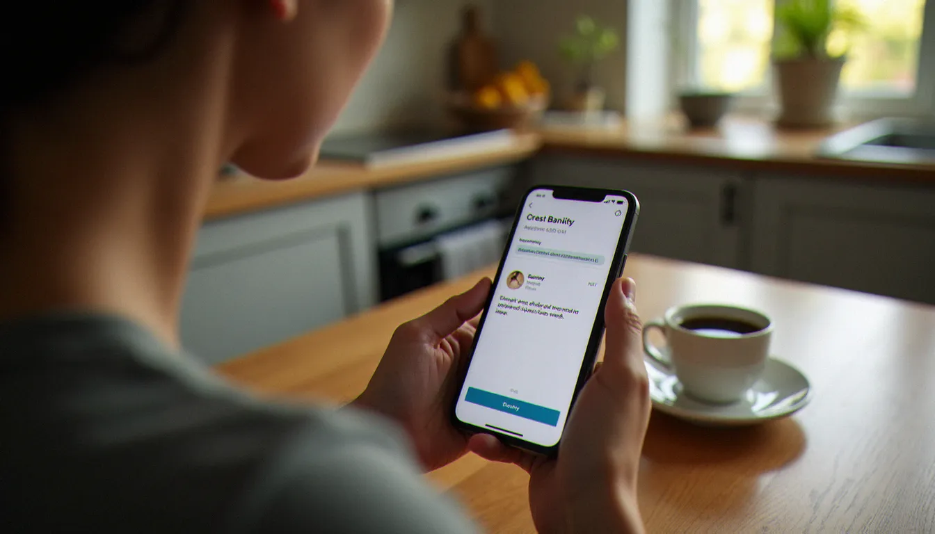 Une personne recevant la confirmation de versement d'une prime de parrainage bancaire sur son téléphone au petit matin